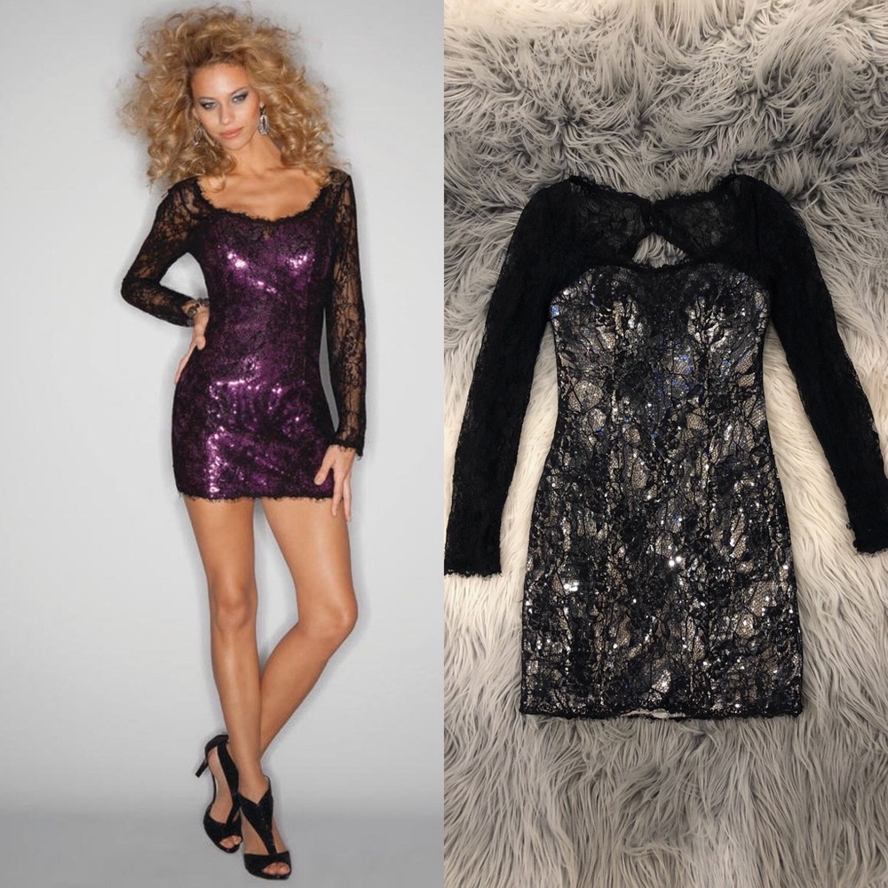 Stunning Black Lace & Silver Mori Lee Mini Dress
